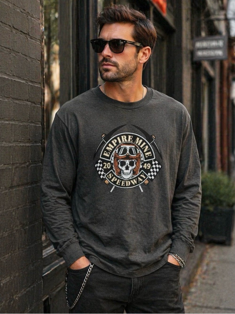 Empire Mine Speedway Mens Skull Graphic Long Sleeve Gray Cotton T-Shirt Medium